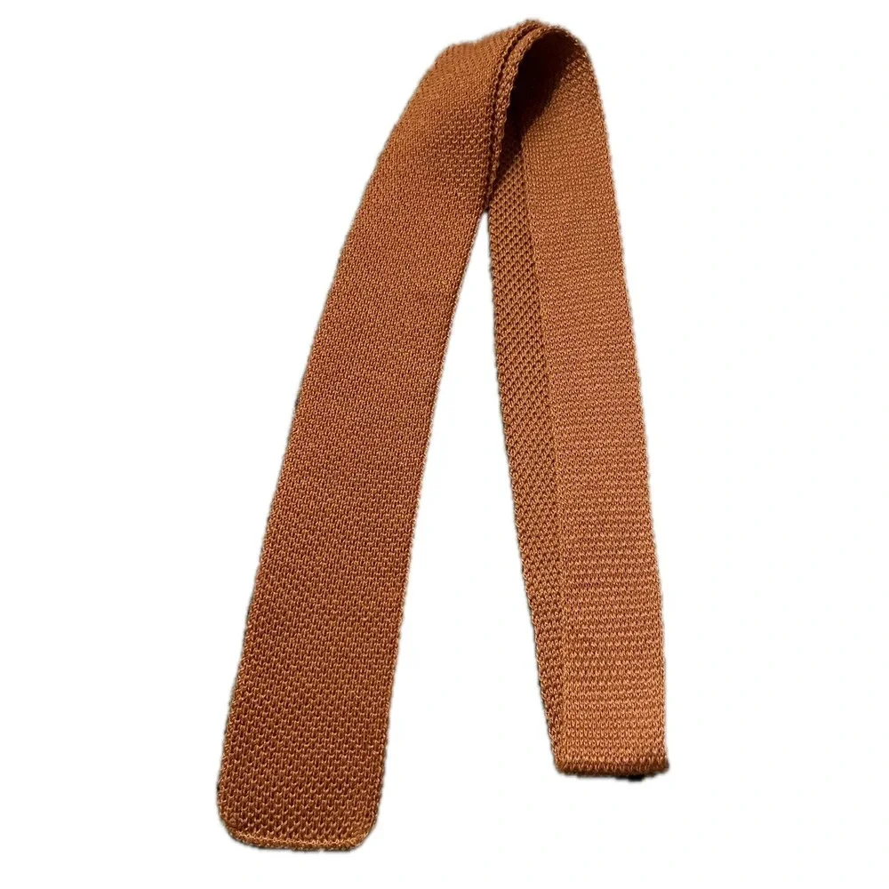 Vintage 70s Knit Skinny Necktie Rust Copper Brown Square End Solid Tie Fall Mod